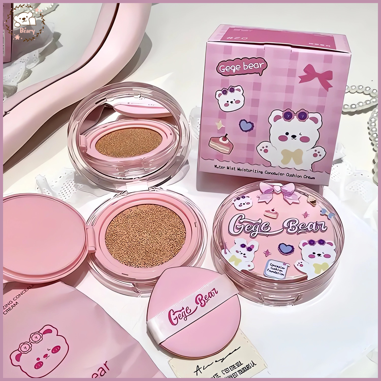 Cute pink makeup products displayed neatly